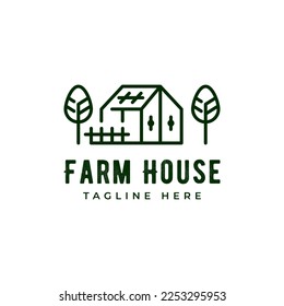 Farm house logo line design template. Agriculture landscape vintage vector illustration