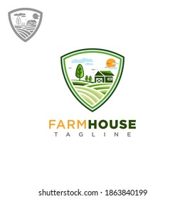Farm house logo with shield concept design vector