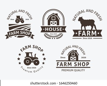Farm house logo vintage. Logotypes or badges design. Trendy retro style illustrations, organic natural farm products silhouettes.