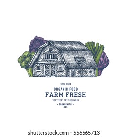 Farm house logotype. Farm fresh products. Organic vegetables. Vector illustration