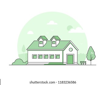 Farm house - modern thin line design style vector illustration on white background. Green colored high quality composition with nice country building, trees, bush, flowers. Suburban, town architecture