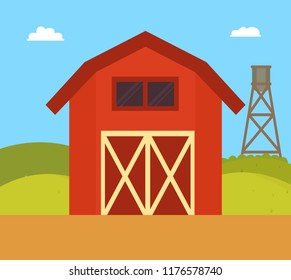 Farm house and nature landscape. Greenery surrounding far ranch building for livestock and supplies. Homestead household girder vector illustration