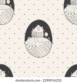 Farm house at night vector doodle line seamless pattern. Oval emblem of a farm house with a vegetable garden under a starry sky. Cute vintage monochrome illustration. Beige background with polka dots