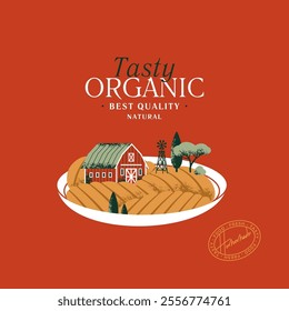 Farm house on the fields on a plate. Organic farm food design template