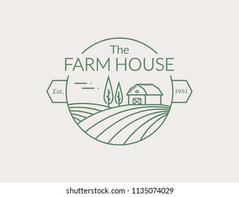 Farm House outline logo isolated on white background. Vector line emblem with farmhouse and fields for natural farm products.