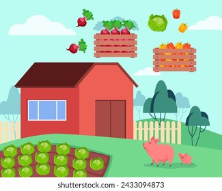 Farm house, pigs and wooden case with vegetables. Vector illustration. Organic products, animal protection concept