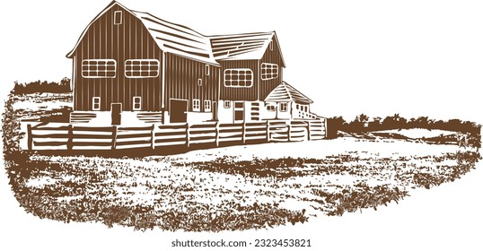 Farm house and ranch property in countryside landscape drawing in woodcut style on transparent background