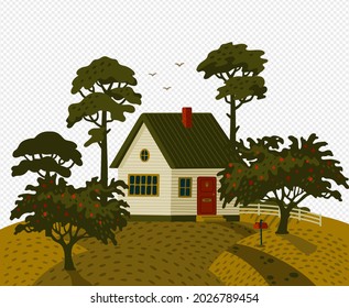 Farm house. Rural landscape with white countryside house in rustic style and green fruit garden.