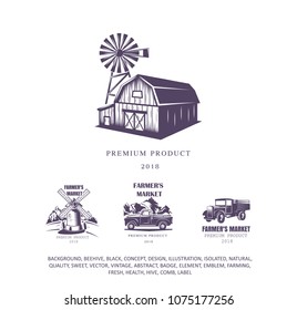 farm house set, mill logo, pick-up emblem, old truck icon. Vector illustration