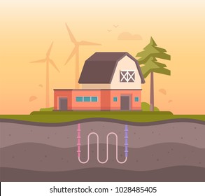 Farm House With Sewage System - Modern Flat Design Style Vector Illustration. A Composition With A Lovely Building, With Windmills, Tree, Underground Pipes. Ecological Theme