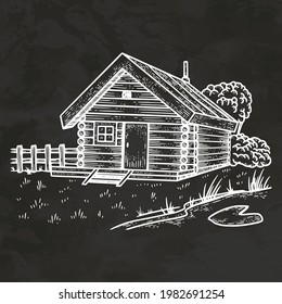 Farm House Silhouette Hand Drawn Sketch Engraving Style Retro Vintage Vector Illustration