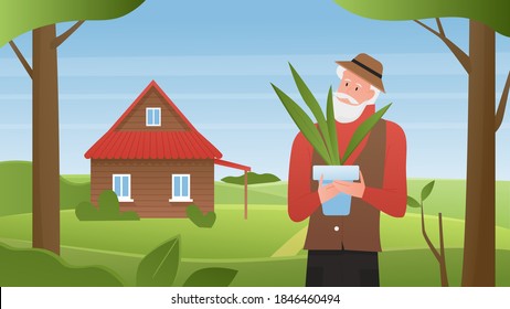 Farm house summer landscape vector illustration. Cartoon old gardener character holding green houseplant in pot, elderly farmer standing in green house garden, countryside village scenery background