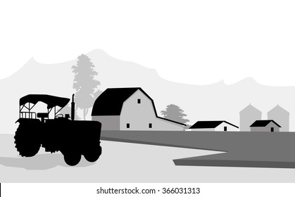 Farm House & Tractor - Vector