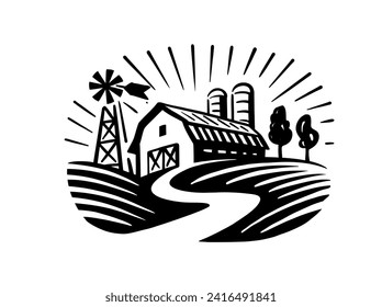 Farm House vector logo template. Retro landscape