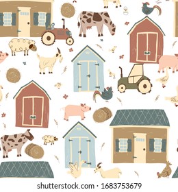 Farm house vector seamless pattern.  Cute farm pattern for kids on white background. Cartoon cow, sheep, chicken, barn, tractor, goose, sheep for wrapping paper, fabric, textile, wallpaper, home decor