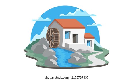 Farm House And Watermill Isolated Illustration On White Background. Flat Landscape Of Mill That Uses Hydropower On The River.