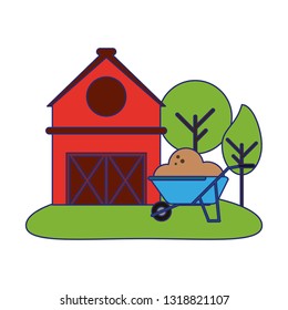 Farm house and wheelbarrow with ground