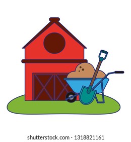 farm house and wheelbarrow with ground and shovel