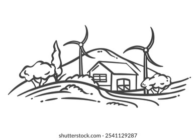Casa da fazenda e turbinas eólicas no ícone da linha de cena da aldeia. Contornar moinhos de vento desenhados à mão e celeiro por colina. Recurso de energia renovável, mascote de inovação ecológica, ilustração do vetor do ícone da casa de campo da fazenda