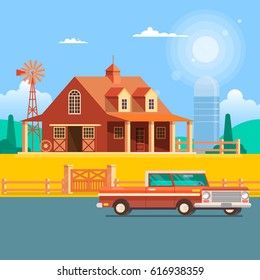 Farm house with windmill  Field Farmland Countryside Landscape Flat Vector Illustration
