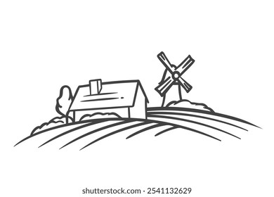 Farm house and windmill in plowed field, rustic scene line icon. Outline hand drawn village with barn or farmer building and wind mill. Countryside mascot, peaceful landscape icon vector illustration