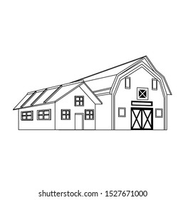 farm house and wooden farm barn icon over white background, black and white design. vector illustration