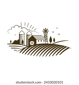 Farm houses and agriculture field, rural landscape, countryside scene vector illustration