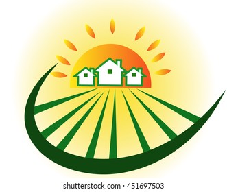 Farm  houses with sun