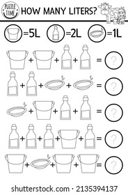 Farm How Many Liters Black And White Game With Funny Cow, Milk Dairymaid. On The Farm Line Math Addition Activity Or Coloring Page. Printable Simple Country Counting Worksheet For Kids
