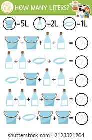 Farm how many liters game with funny cow, milk dairymaid. On the farm math addition activity for preschool children. Printable simple country counting worksheet for kids
