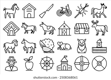 Farm and hunting animals, thin line icon set. Symbol collection in transparent background. Editable vector stroke
