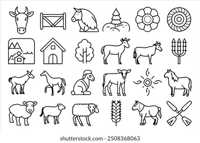 Farm and hunting animals, thin line icon set. Symbol collection in transparent background. Editable vector stroke
