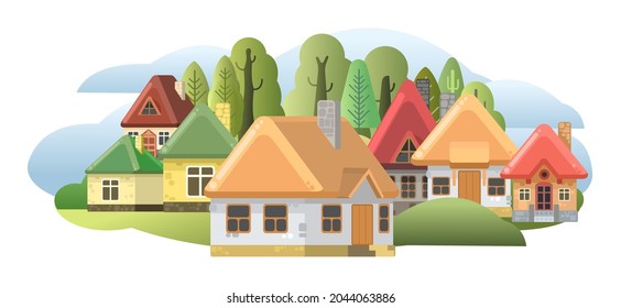 Farm hut in the garden. Funny cartoon style. Country suburban village. Fairy tale illustration for children.Rural houses. Art illustration isolated on white background. Vector