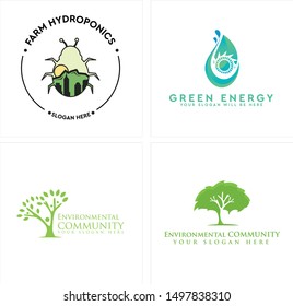 Farm hydroponic logo with icon ladybird hill sun droplet water waterwheel and tree people green vector suitable for environmental community energy company