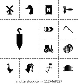 Farm icon. collection of 13 farm filled icons such as sausage, hay, mill, gardening tool, turkey, goose, tractor, scythe, fence. editable farm icons for web and mobile.