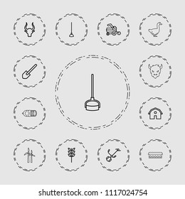 Farm icon. collection of 13 farm outline icons such as tractor, bull, barn, shovel, wheat, hoe, gardening tool, sausage, goat, goose. editable farm icons for web and mobile.
