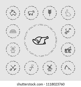 Farm icon. collection of 13 farm outline icons such as cow, shovel and rake, tractor, goat, mill, wheat, chicken, scythe. editable farm icons for web and mobile.