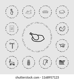 Farm icon. collection of 13 farm outline icons such as wheat, field, turkey, rabbit, wheelbarrow, weather vane, chicken, barn, hog. editable farm icons for web and mobile.