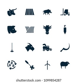 Farm icon. collection of 16 farm filled icons such as field, tractor, goat, sheep, pig, gardening tool, hoe, scythe, mill, harvest. editable farm icons for web and mobile.