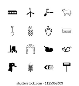 Farm icon. collection of 16 farm filled and outline icons such as mill, barn, tractor, gardening tool, chicken, wheat, pepper, goose. editable farm icons for web and mobile.
