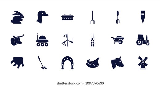 Farm icon. collection of 18 farm filled icons such as chicken, goose, cow, horseshoe, pitchfork, gardening tool, wheelbarrow, mill. editable farm icons for web and mobile.