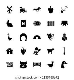 Farm icon. collection of 25 farm filled icons such as udder, pepper, tractor, rabbit, pig, goose, horse, goat, barn, mill, horseshoe. editable farm icons for web and mobile.