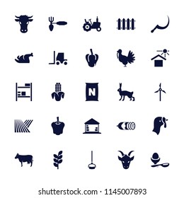Farm icon. collection of 25 farm filled icons such as field, turkey, pepper, tractor, cow, rabbit, boiled egg, gardening tool, scythe. editable farm icons for web and mobile.