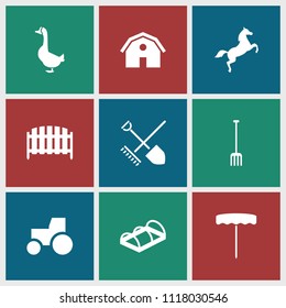 Farm icon. collection of 9 farm filled icons such as barn, tractor, pitchfork, fence, greenohuse, horse, shovel and rake, goose. editable farm icons for web and mobile.