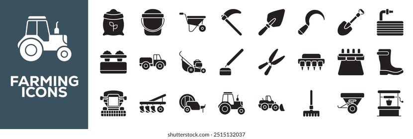 Farm icon collection. Duotone color. Vector illustration. Containing scythe, field, spray, eggs, fields, agriculture, hills, shovel, house, cctv, farmer, tractor, farm, barn, sprout, stand.