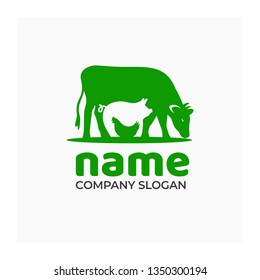 Farm icon with cow, pig and chicken. Logo for agricultural company. Green symbol for farm products. Vector illustration of farm animals