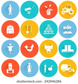 Farm icon flat set with harvest tractor and agriculture products isolated vector illustration