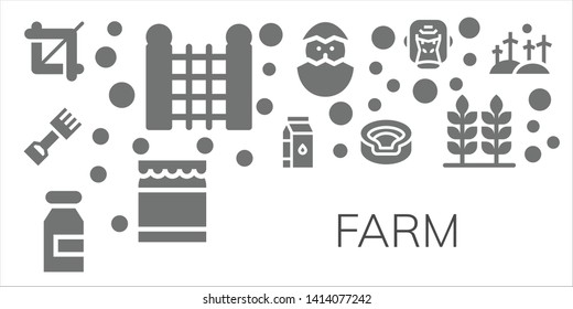 farm icon set. 11 filled farm icons.  Collection Of - Crop, Fence, Rake, Milk, Animal, Chick, Honey, Gorilla, Wheat, Windmill
