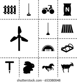 Farm icon. set of 13 filled farmicons such as field, rabbit, horse, goat, barn, tractor, gardening tool, hoe, fence, bag with ground, greenohuse