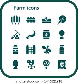 farm icon set. 16 filled farm icons.  Simple modern icons about  - Wheat, Eggs, Sow, Fertilization, Rake, Sickle, Fried chicken, Milk, Fence, Swarm, Egg, Cock, Fried egg